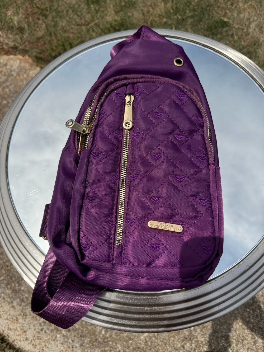 Purple Quilted Sling Bag with Gold Zippers